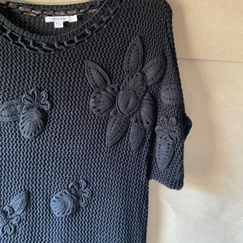Chico's Black Knit Top with Floral Detail. Size L. - Picture 2 of 9